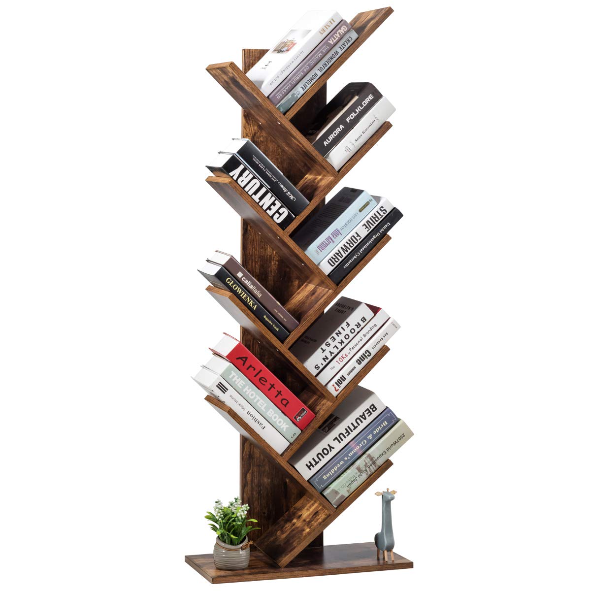 Tangkula Bibliothèque en forme d'arbre de 55 pouces, bibliothèque autoportante à 9 étagères (Marron rustique)